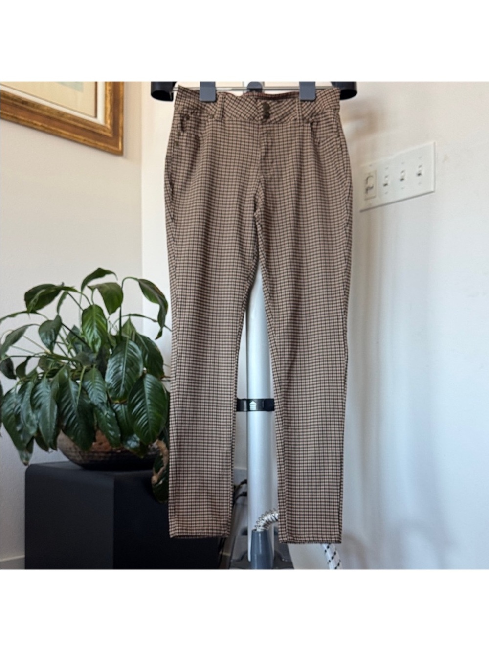 Sabrina Lauren Plaid Check Perfect Fit High Rise Pants Sz 14 Stretchy Black Tan